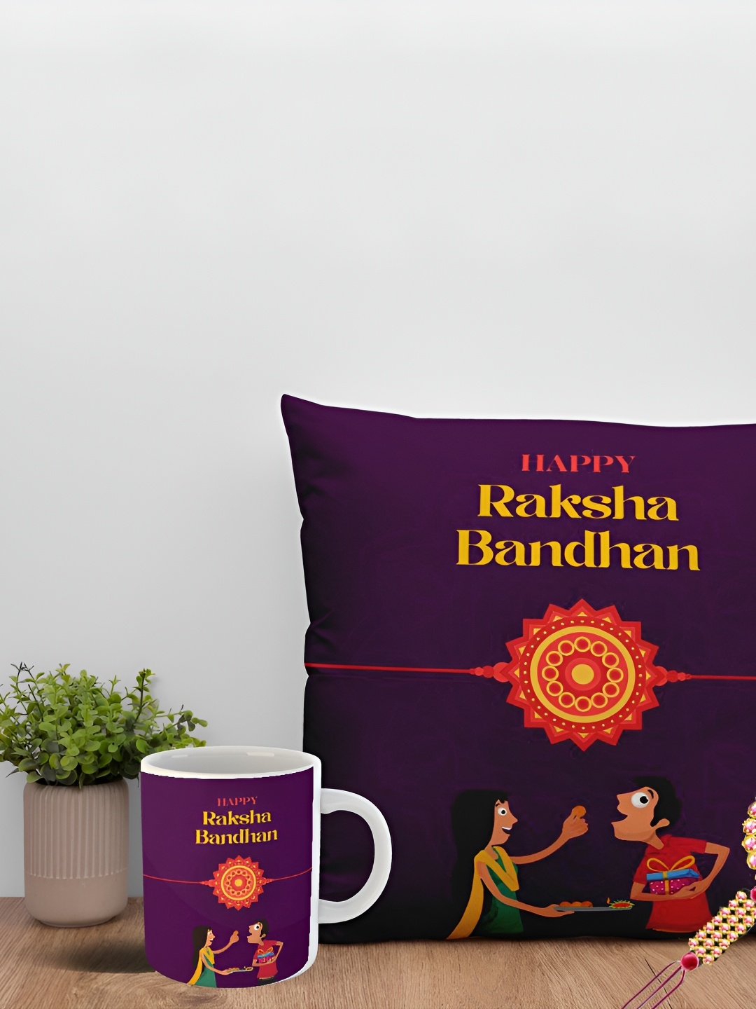 

ARTBUG Set Of 3 Rakhi With Printed Mug & Cushion, Purple