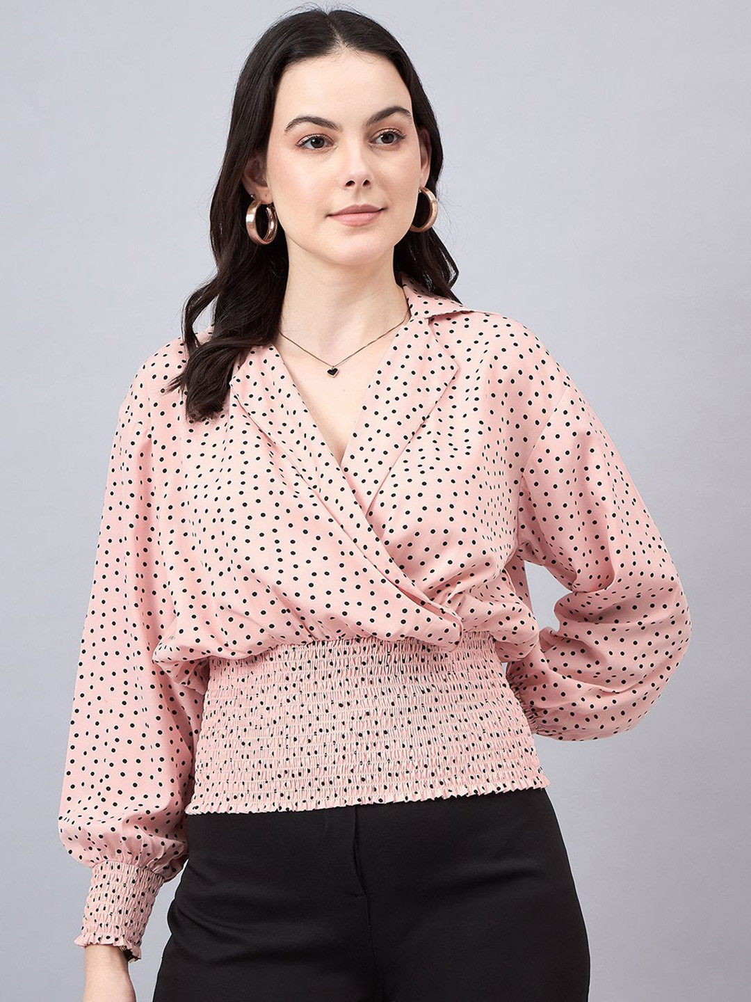

Style Quotient Women Polka Dots Micro or Ditsy Printed Lapel Collar Top, Peach