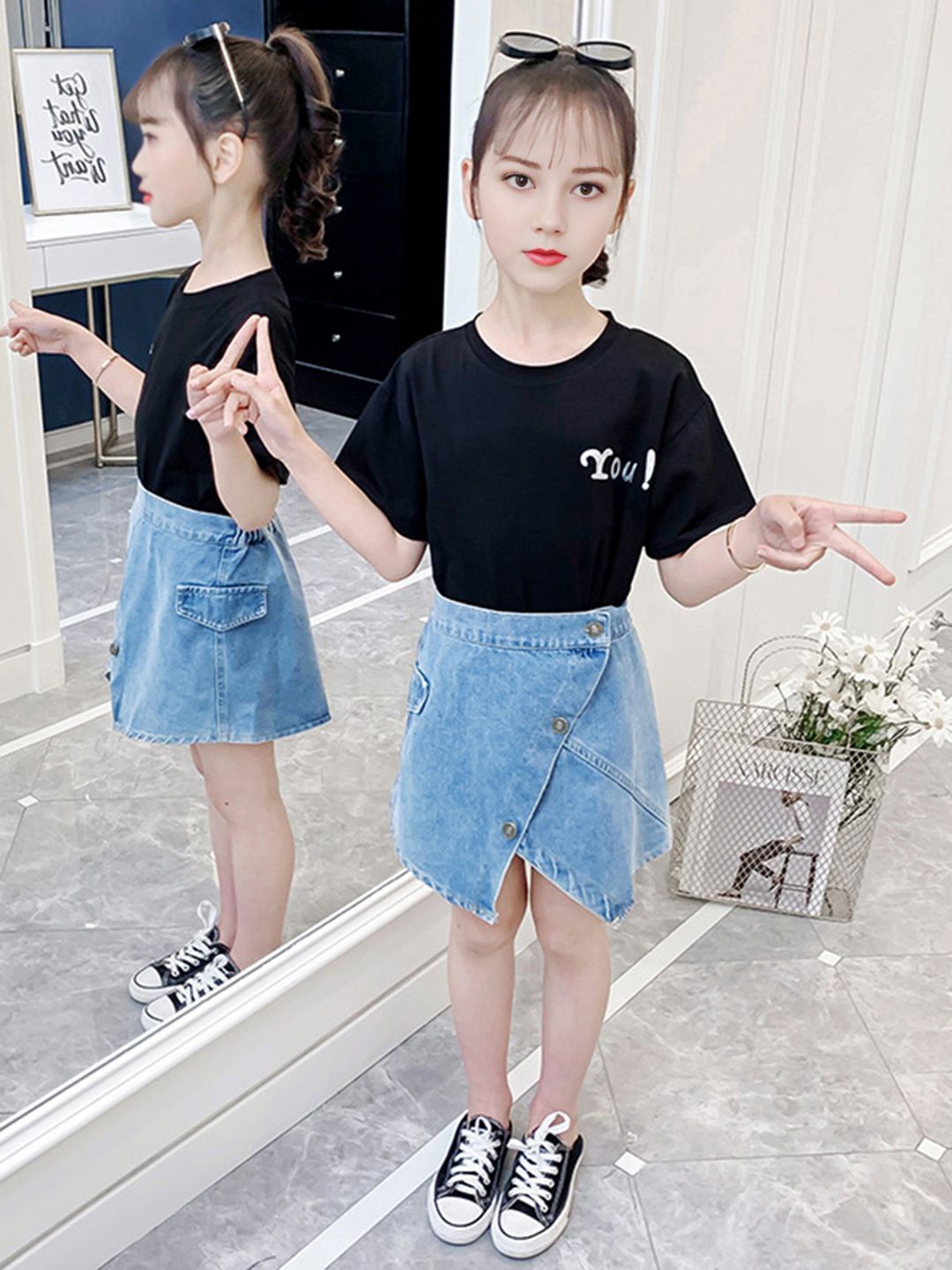 

INCLUD Girls Round Neck Short Sleeves T-shirt With Skirt, Black