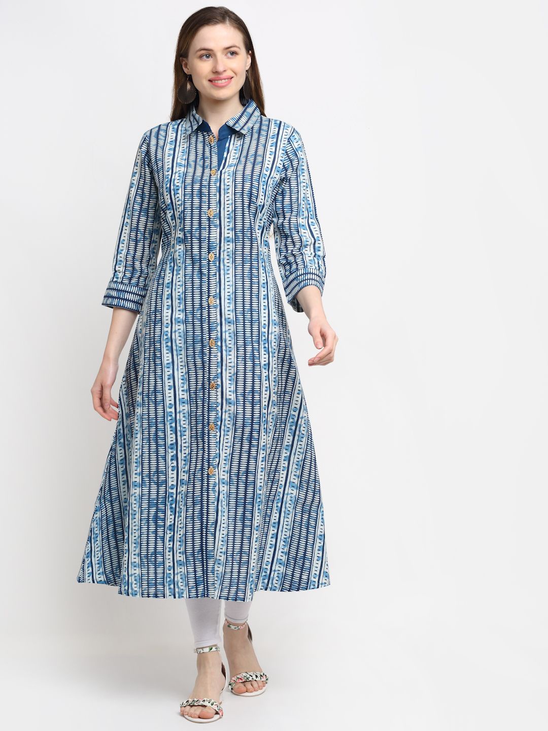 

KALINI Abstract Printed Shirt Collar Cotton A-Line Kurta, Blue