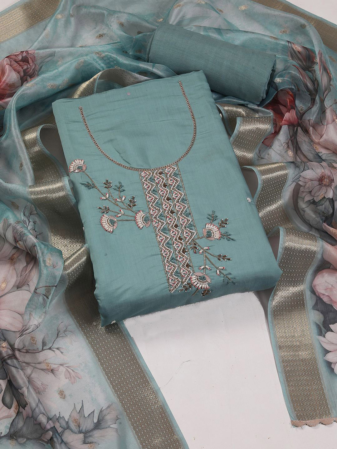 

KALINI Floral Embroidered Sequinned Unstitched Dress Material, Blue