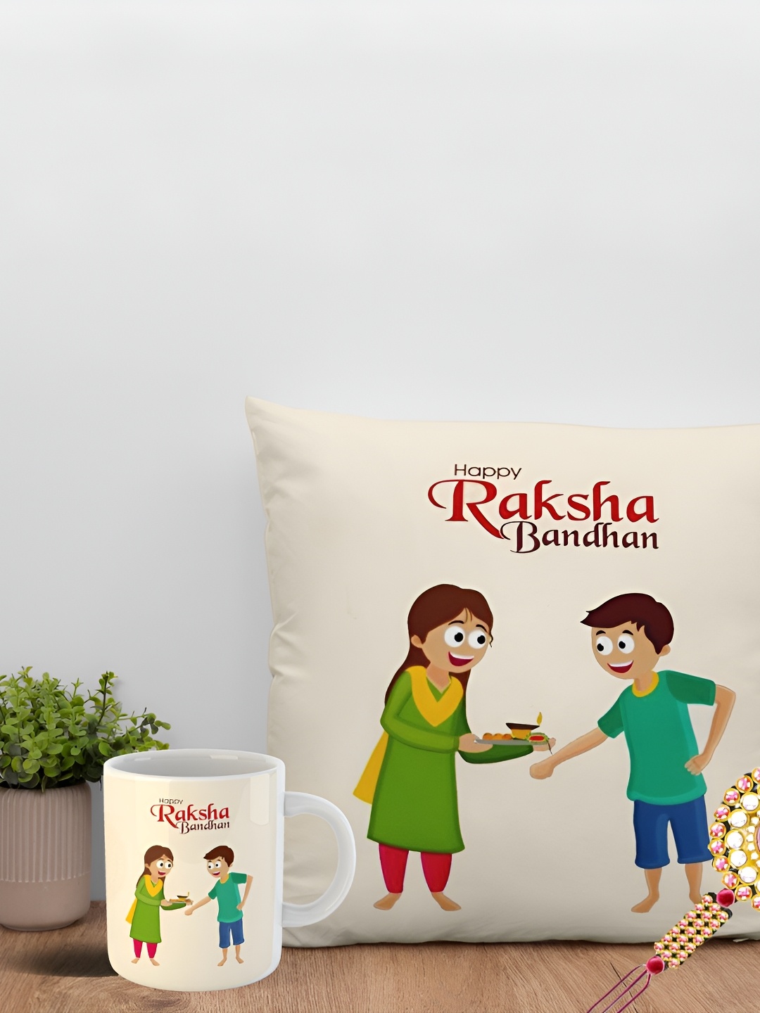 

ARTBUG Set Of 3 Rakhi With Printed Mug & Cushion, Gold