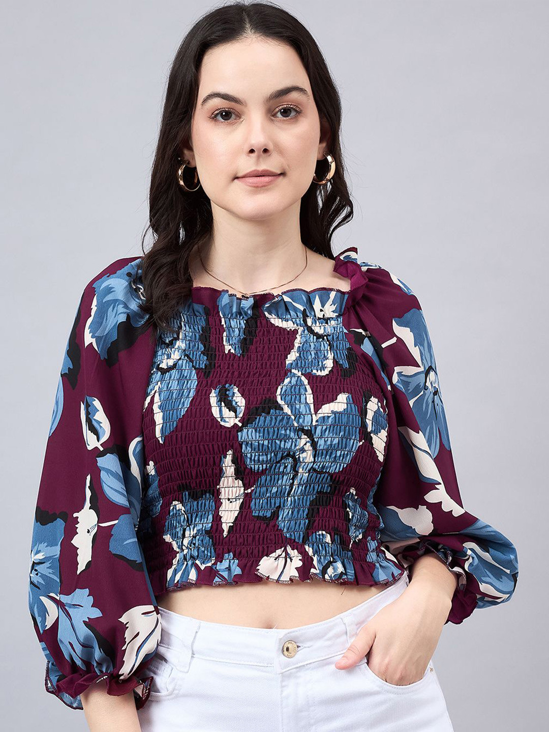 

Style Quotient Women Floral Printed Smocked Square Neck Top, Maroon