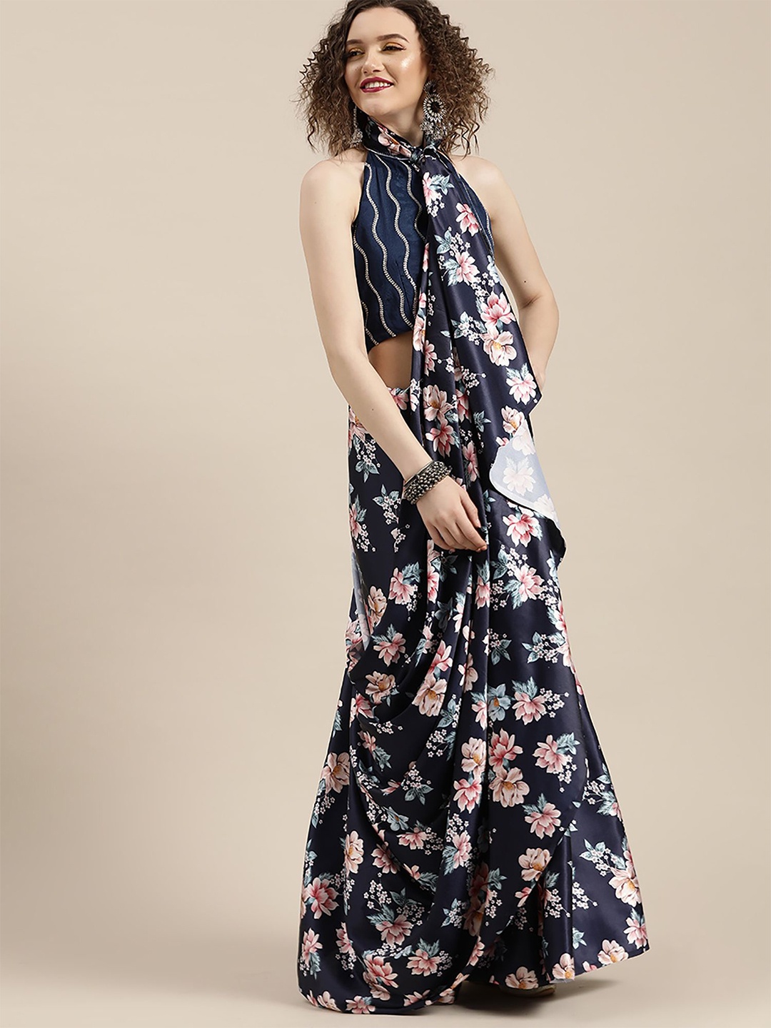 

Saree mall Floral Satin Sarees, Navy blue