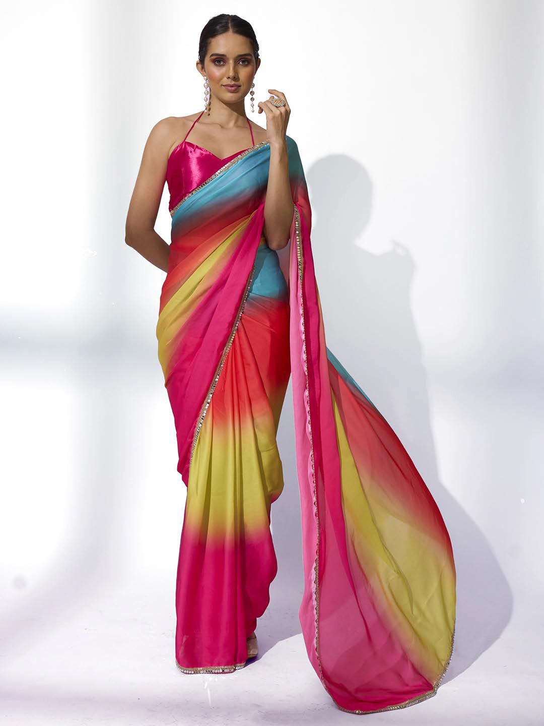 

Kalista Colourblocked Mirror Work Satin Holi Ready to Wear Saree, Pink