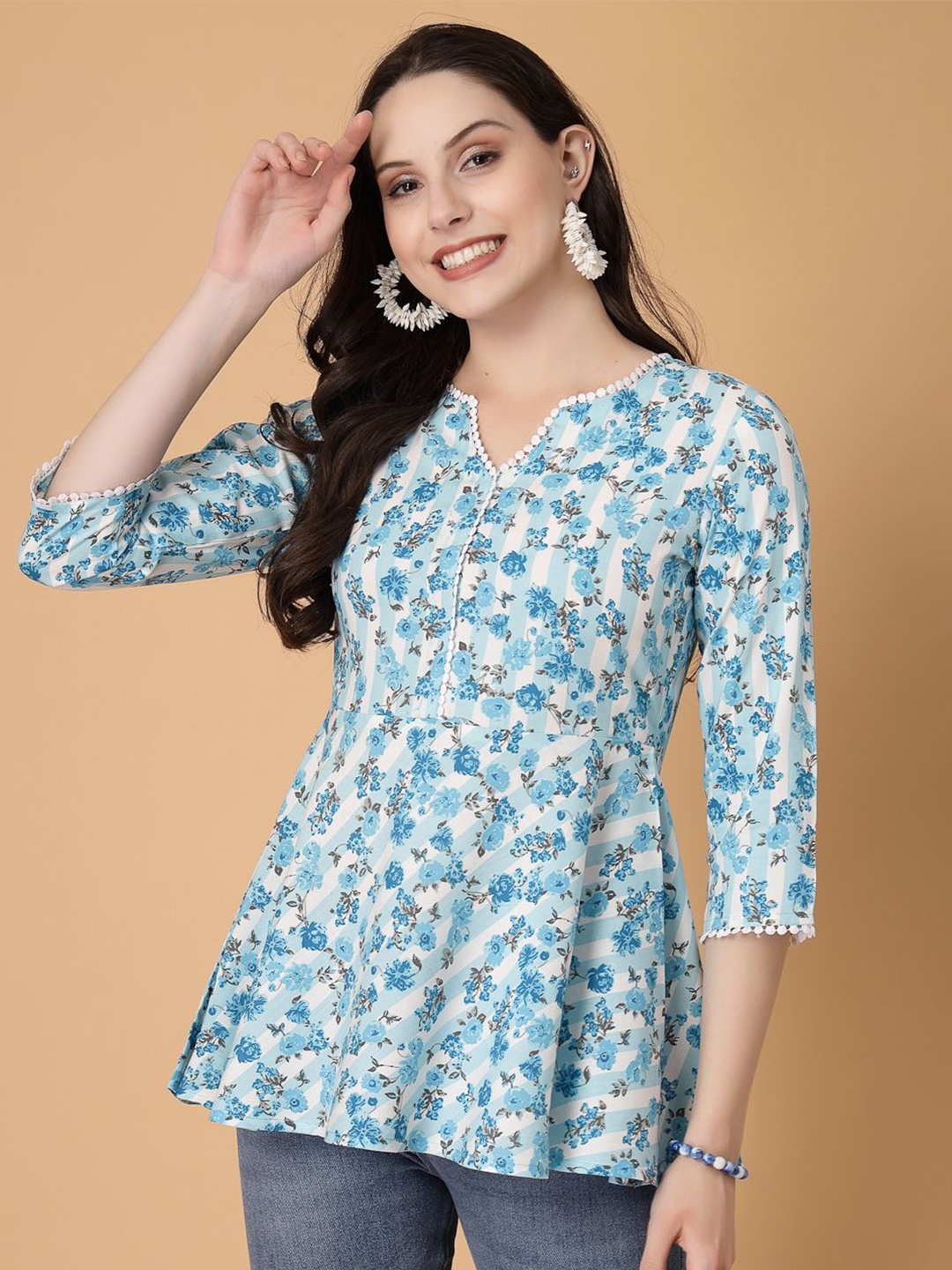 

God Bless Women Floral Printed Three-Quarter Sleeves Top, Blue