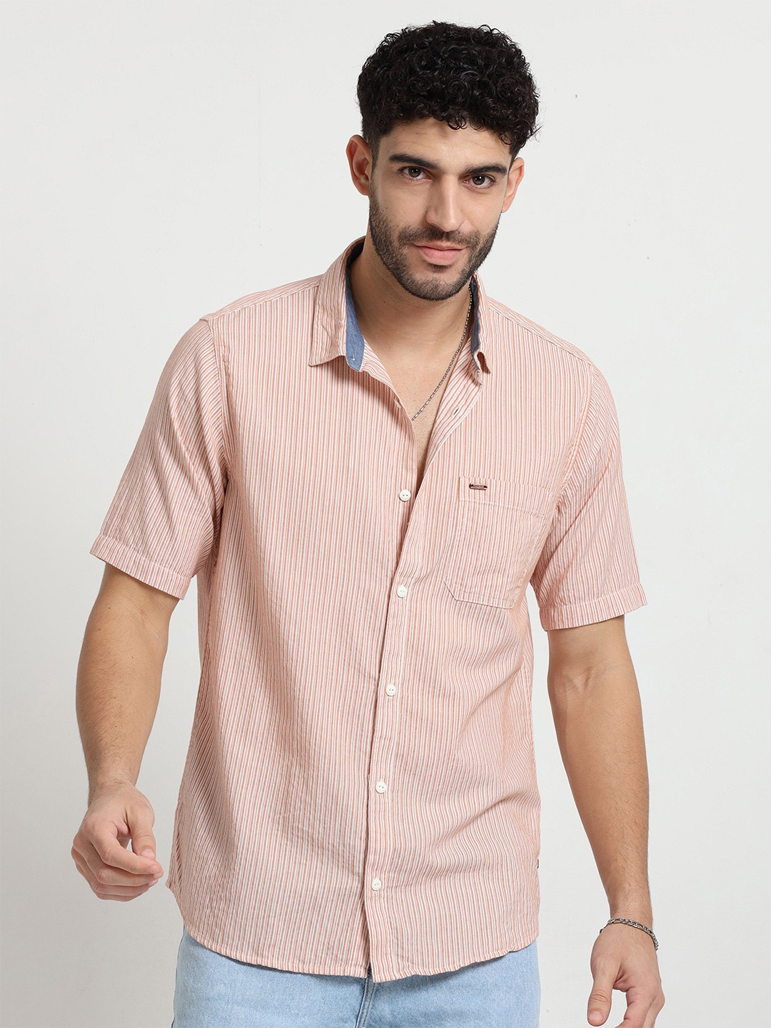 

URBARO Men Smart Slim Fit Striped Pure Cotton Casual Shirt, Brown