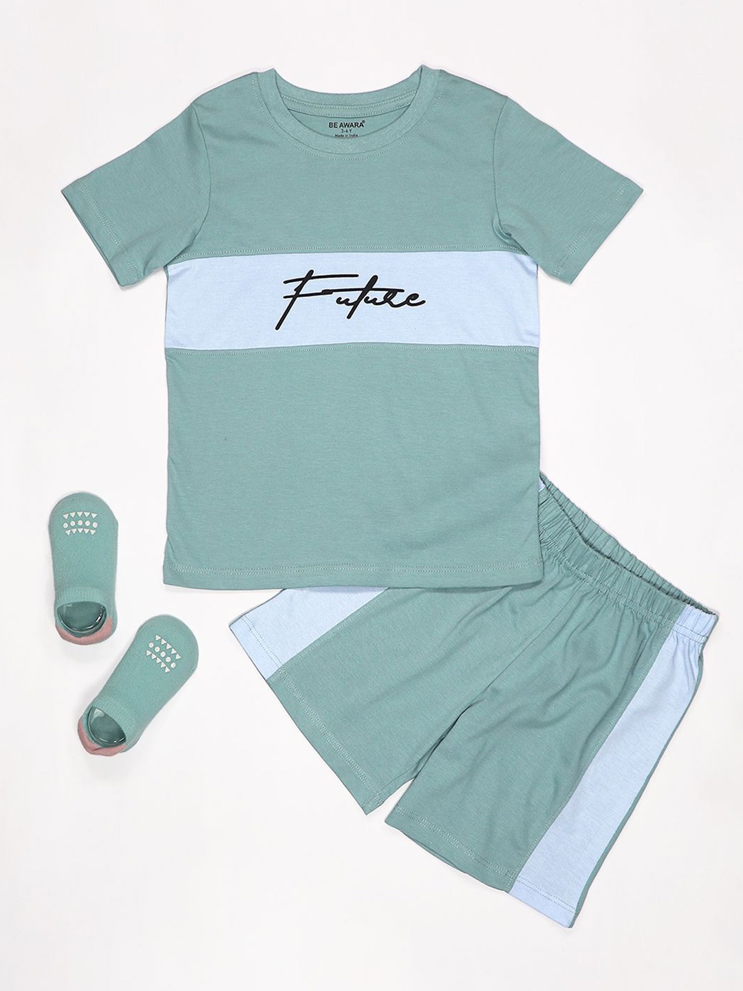 

BE AWARA Boys Printed Pure Cotton T-shirt With Short, Blue