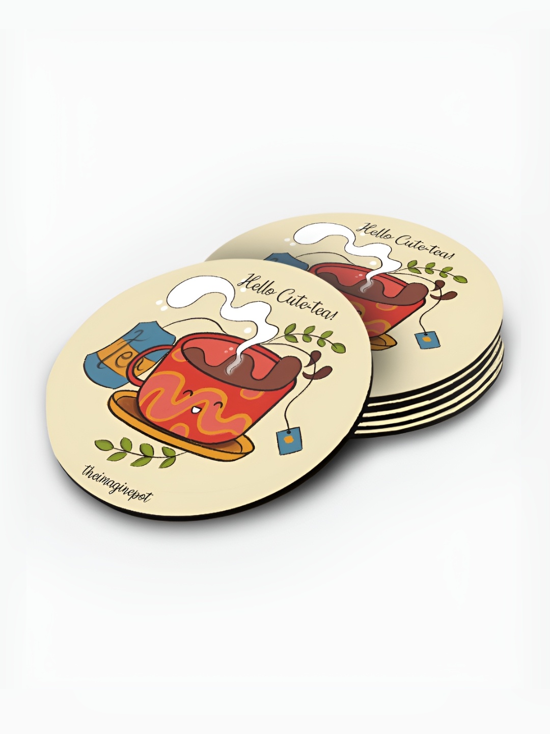 

macmerise Beige & Red 6 Pieces Hello Cute Tea Printed Wooden Circular Coasters