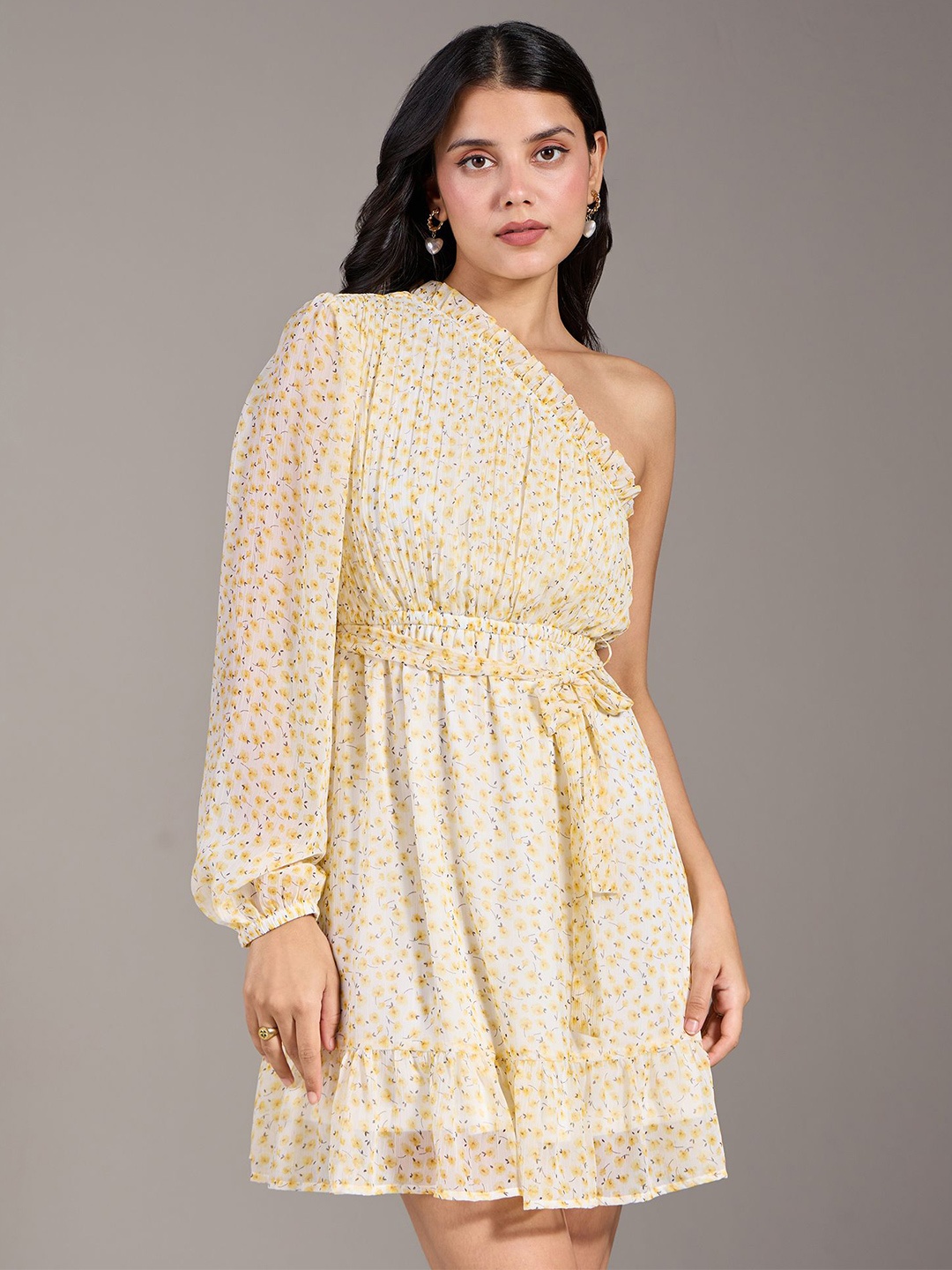

20Dresses Floral Print One Shoulder Chiffon Fit & Flare Dress, White