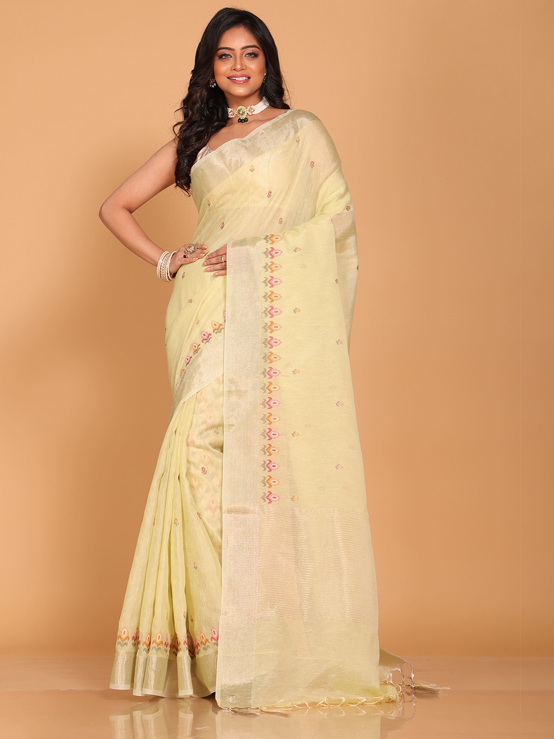

Morchari Floral Zari Pure Linen Saree, Lime green