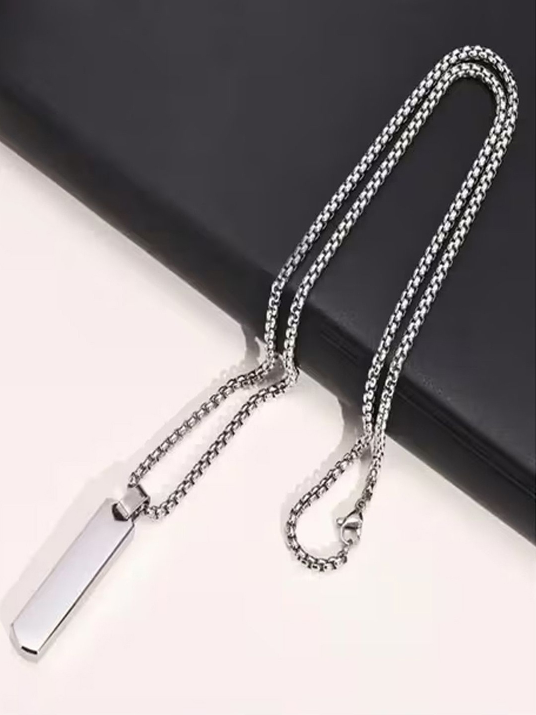 

KRENOZ Men Silver-Plated Stainless Steel Stick Bar-Charm Pendants With Chains