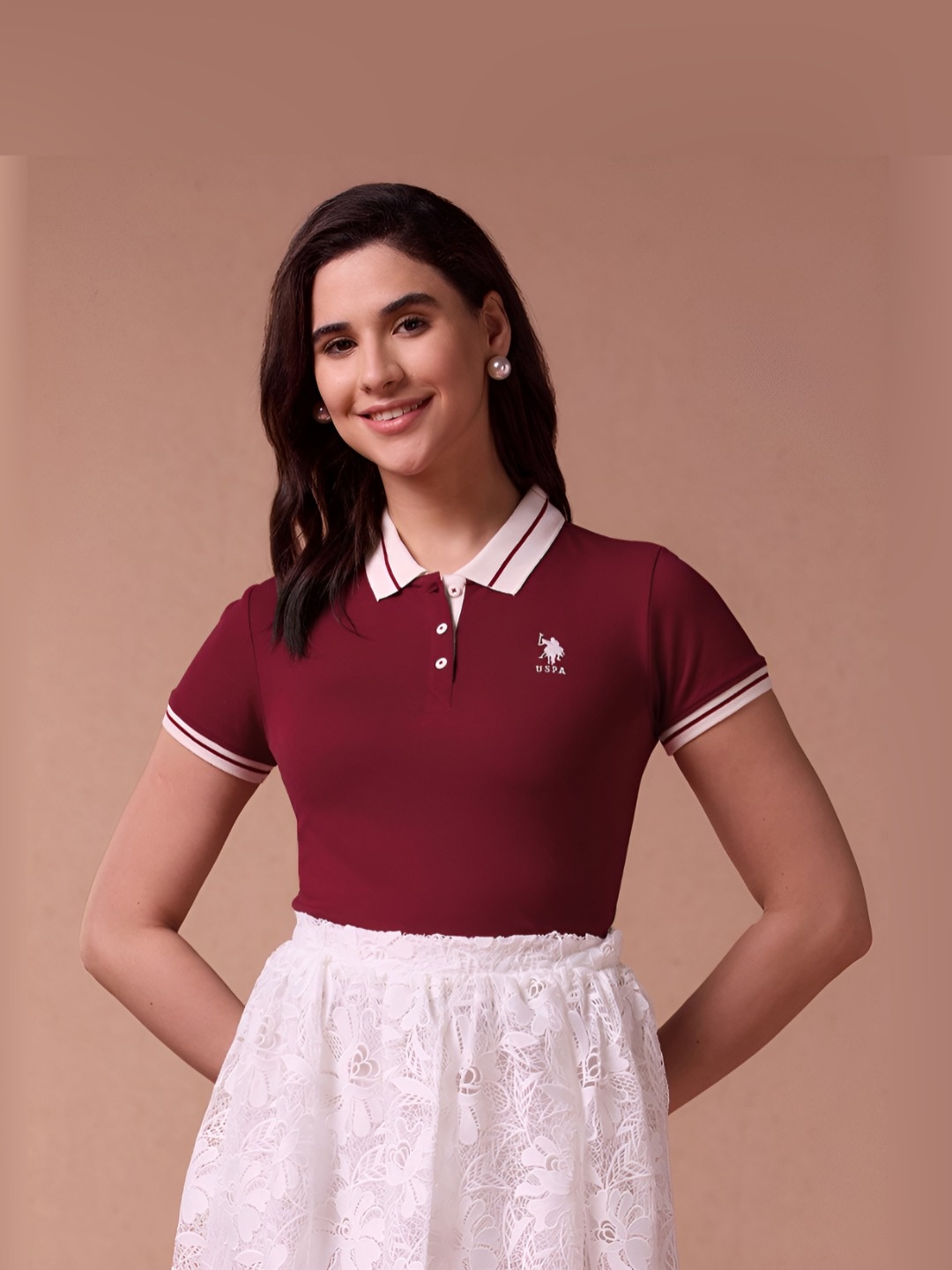 

U.S. Polo Assn. Women Solid Brand Logo Polo Collar T-shirt, Maroon