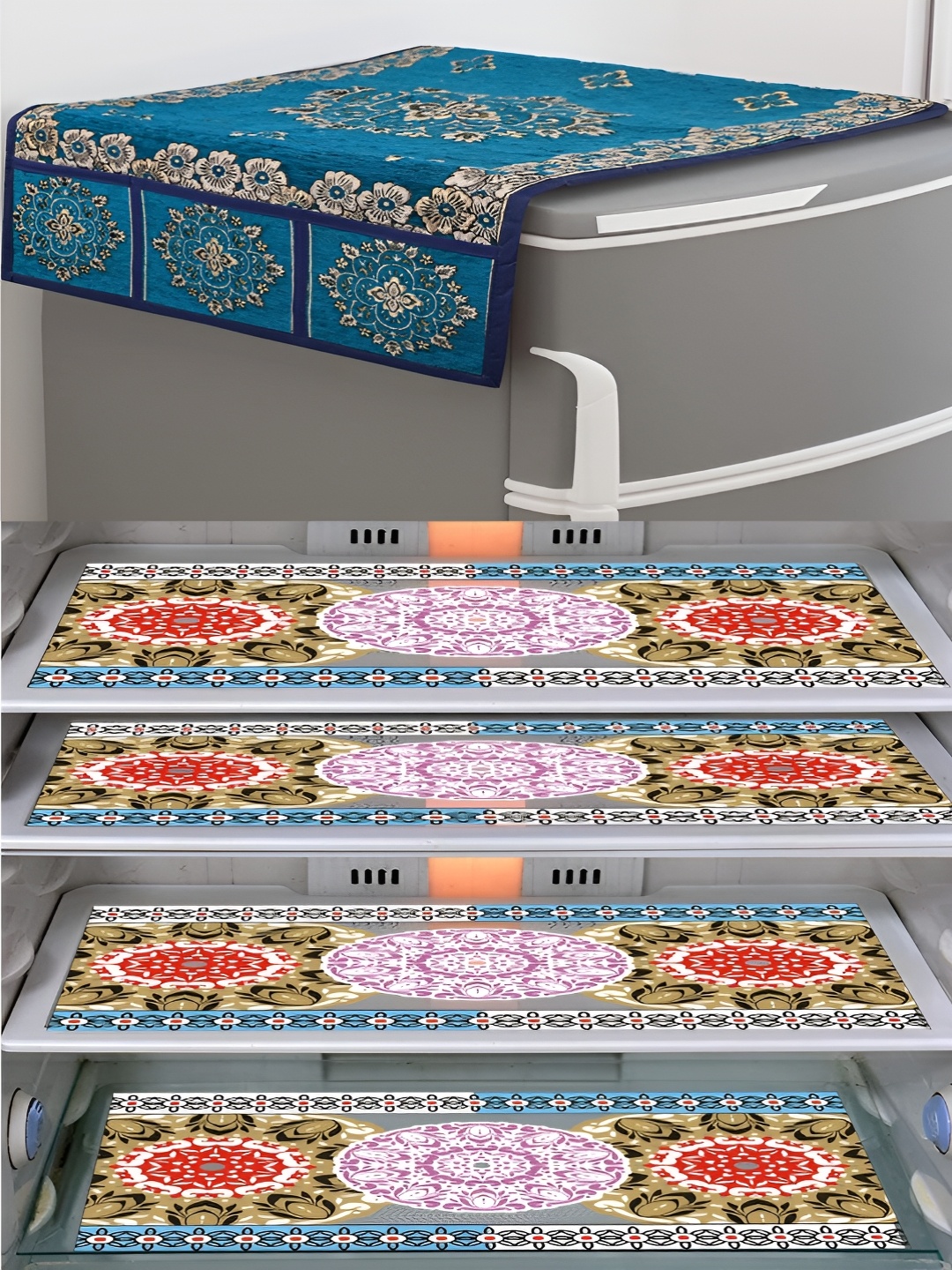 

LooMantha Violet & Orange 5 Pieces Printed Fridge Cover With Mats