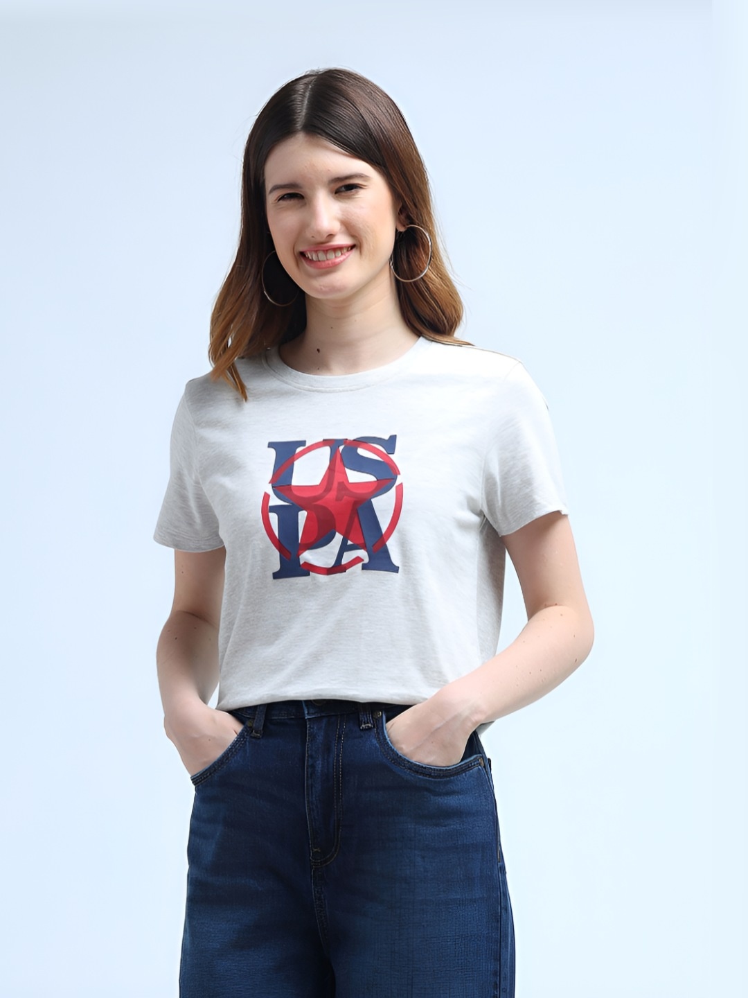 

U.S. Polo Assn. Women Typography Printed Pure Cotton T-shirt, Grey