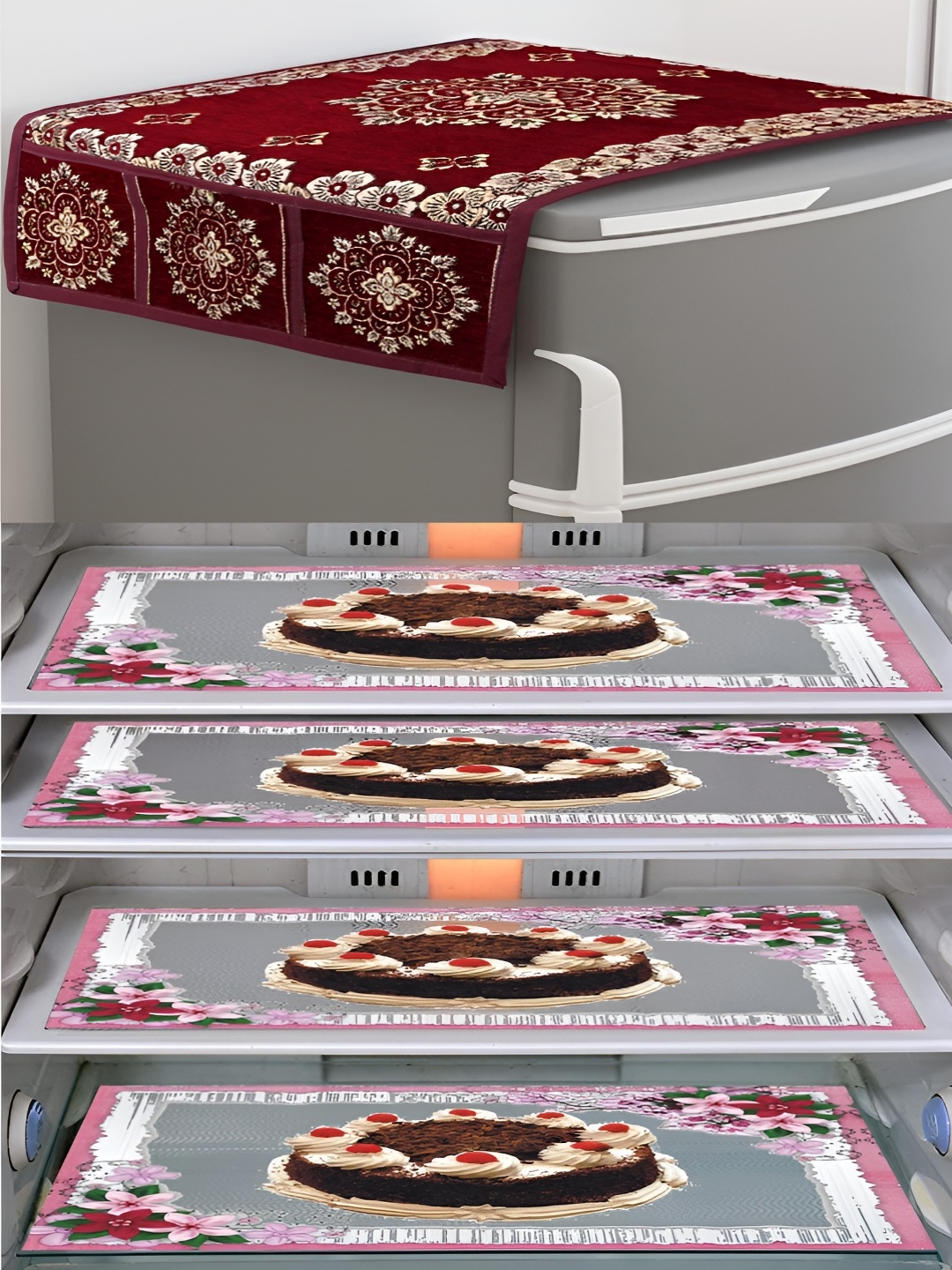 

Dakshya Industries Maroon & Pink 5 Pieces Printed Fridge Mats & Top Cover