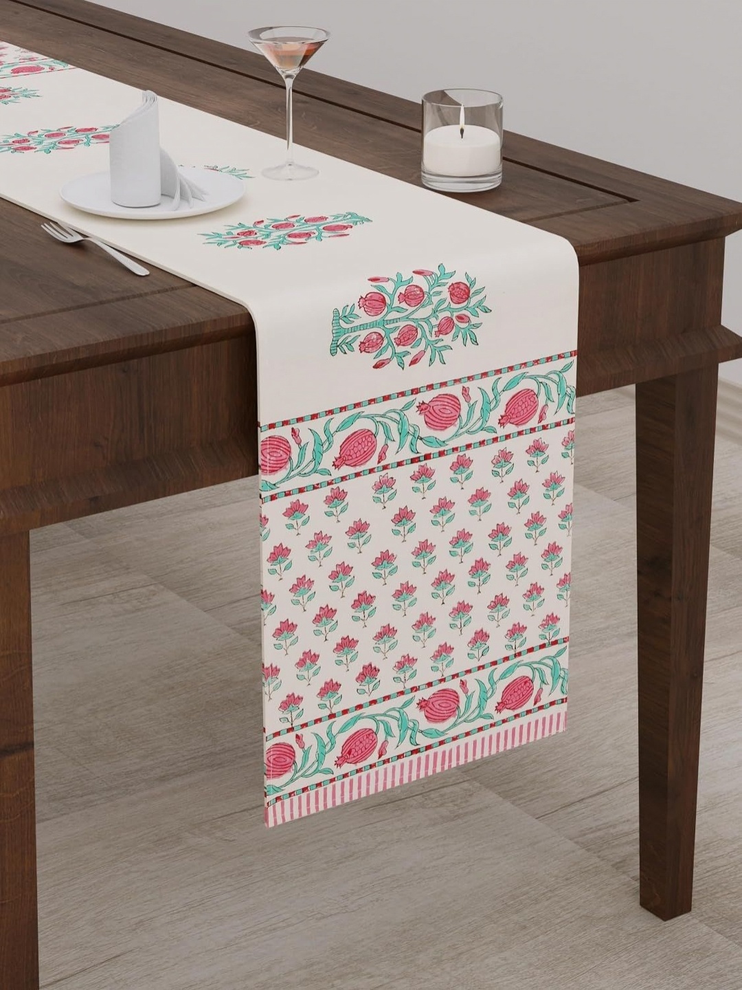 

BLOCKS OF INDIA Cream Coloured & Pink Floral Printed Pure Cotton Table Runner
