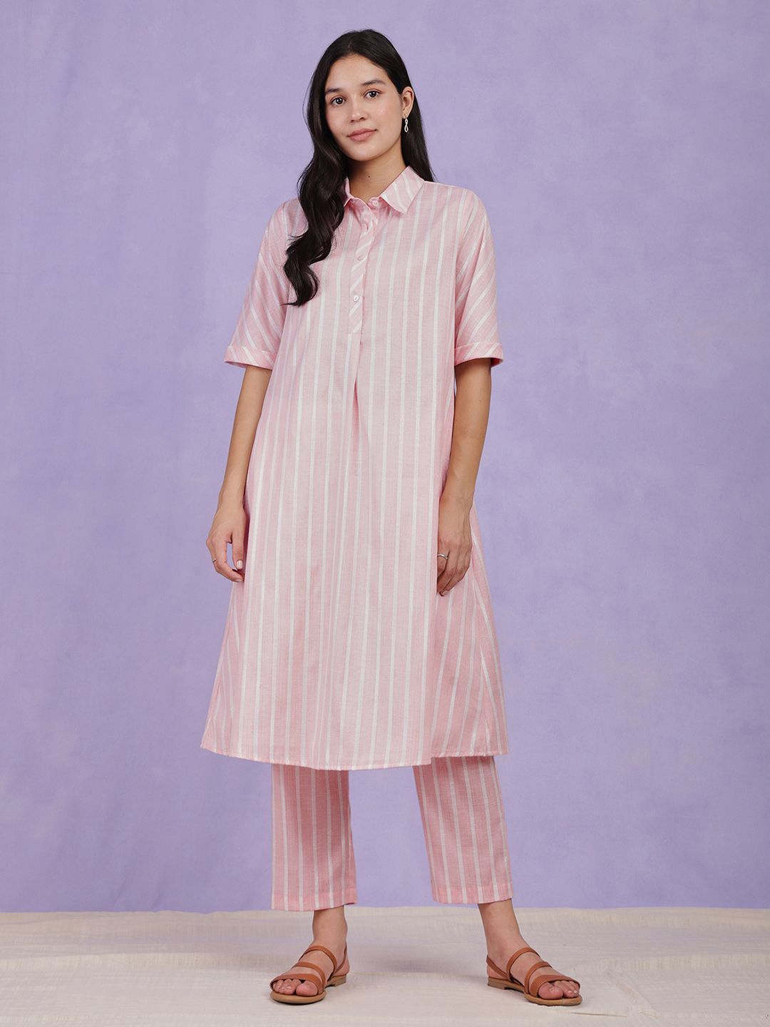 

Pink Fort Striped Shirt Collar Cotton A-Line Kurta