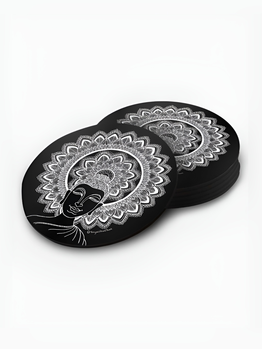 

macmerise Black & White 6 Pieces Printed Wooden Round Coasters