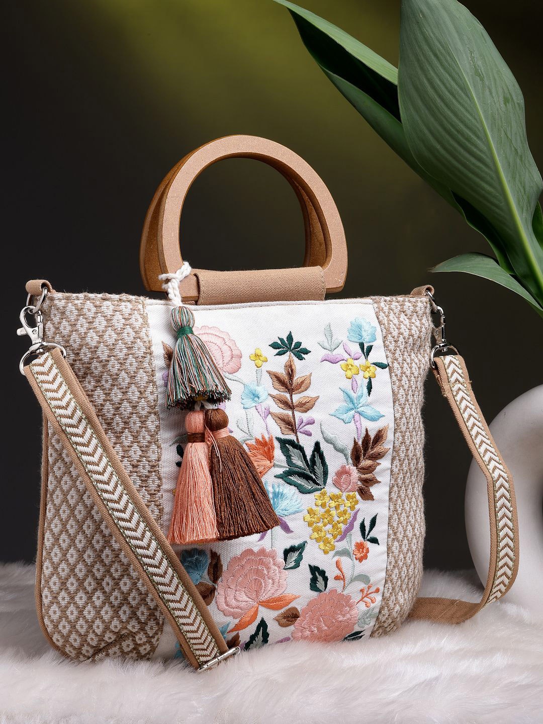 

Anekaant Floral Embroidered Cotton Jacquard Handheld Bag, Camel brown