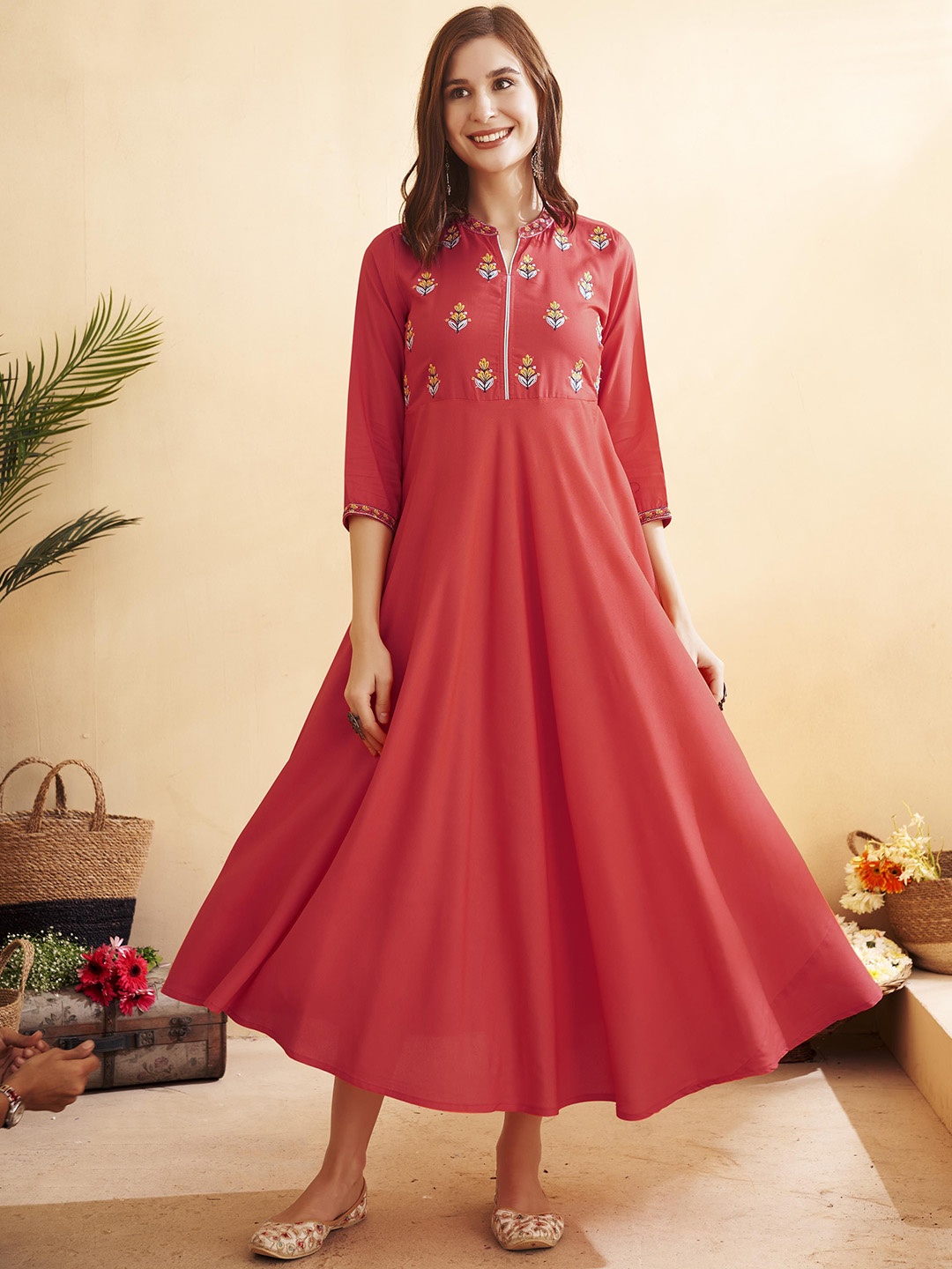 

Anouk Floral Embroidered Mandarin Collar Cotton Fit and Flare Ethnic Dresses, Red