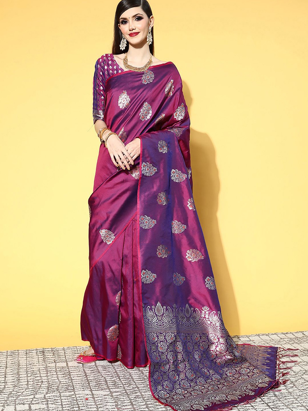 

Saree mall Woven Design Zari Ethnic Motifs Dharmavaram Saree, Magenta