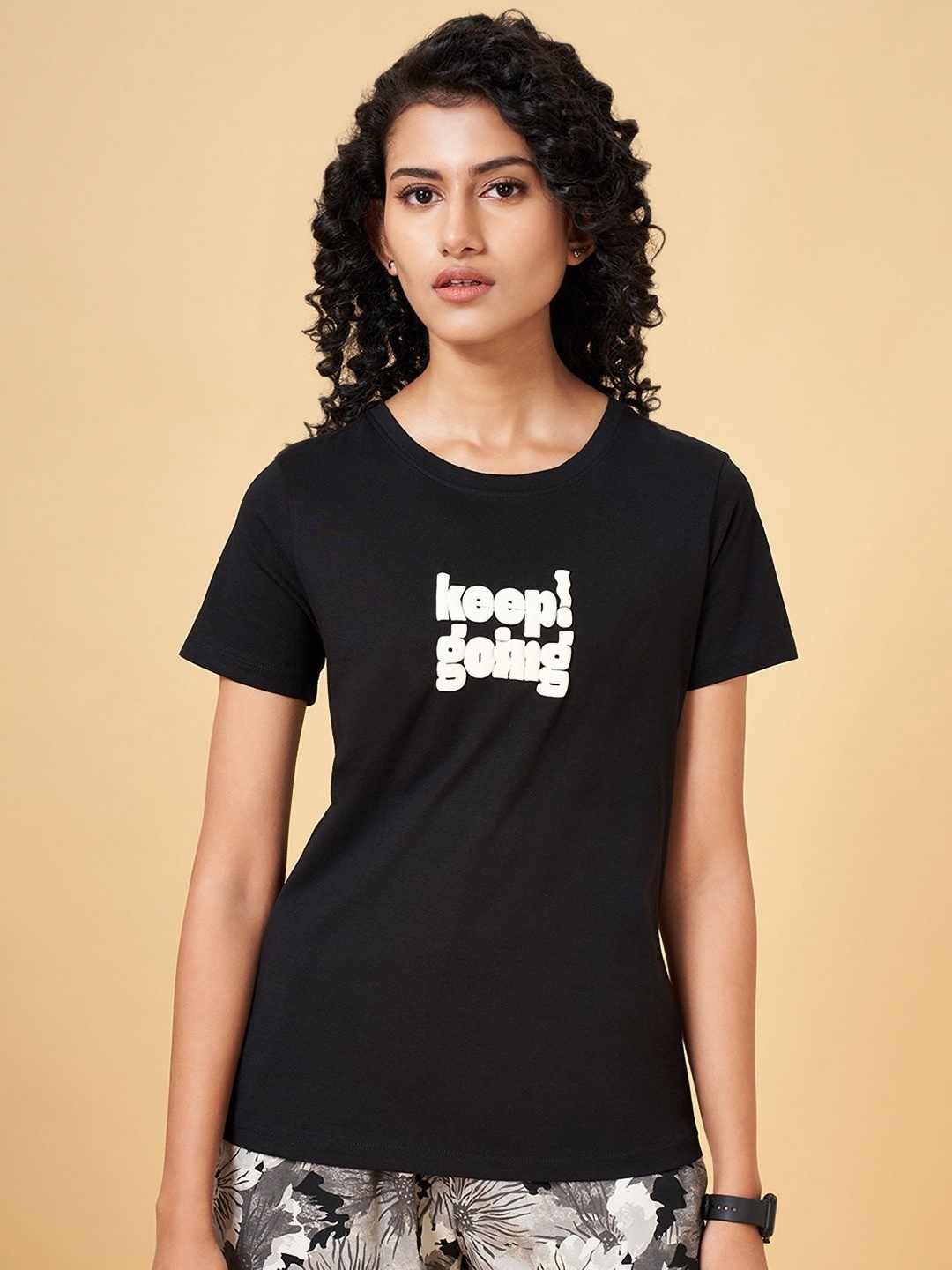

Ajile by Pantaloons Women Typography Printed Round Neck Cotton T-Shirt, Black
