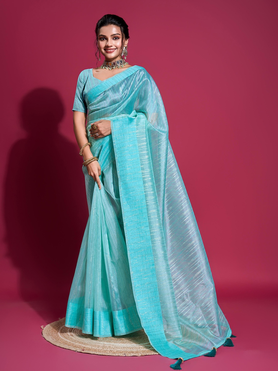 

KIMISHA Striped Woven Design Saree, Blue