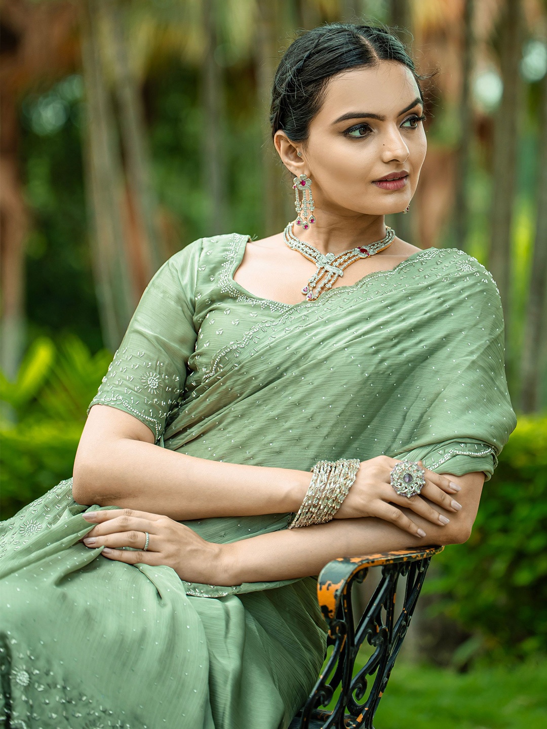 

KIMISHA Embellished Beads and Stones Satin Saree, Green