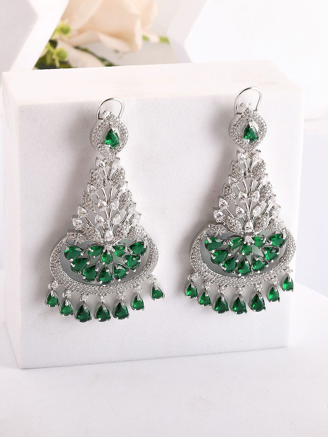 

Voylla Rhodium-Plated Brass Contemporary American Diamond Studded Drop Earrings, Silver