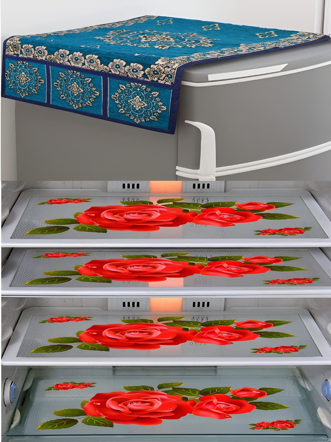 

LooMantha Violet & Red 5 Pieces Printed Fridge Cover With Mats