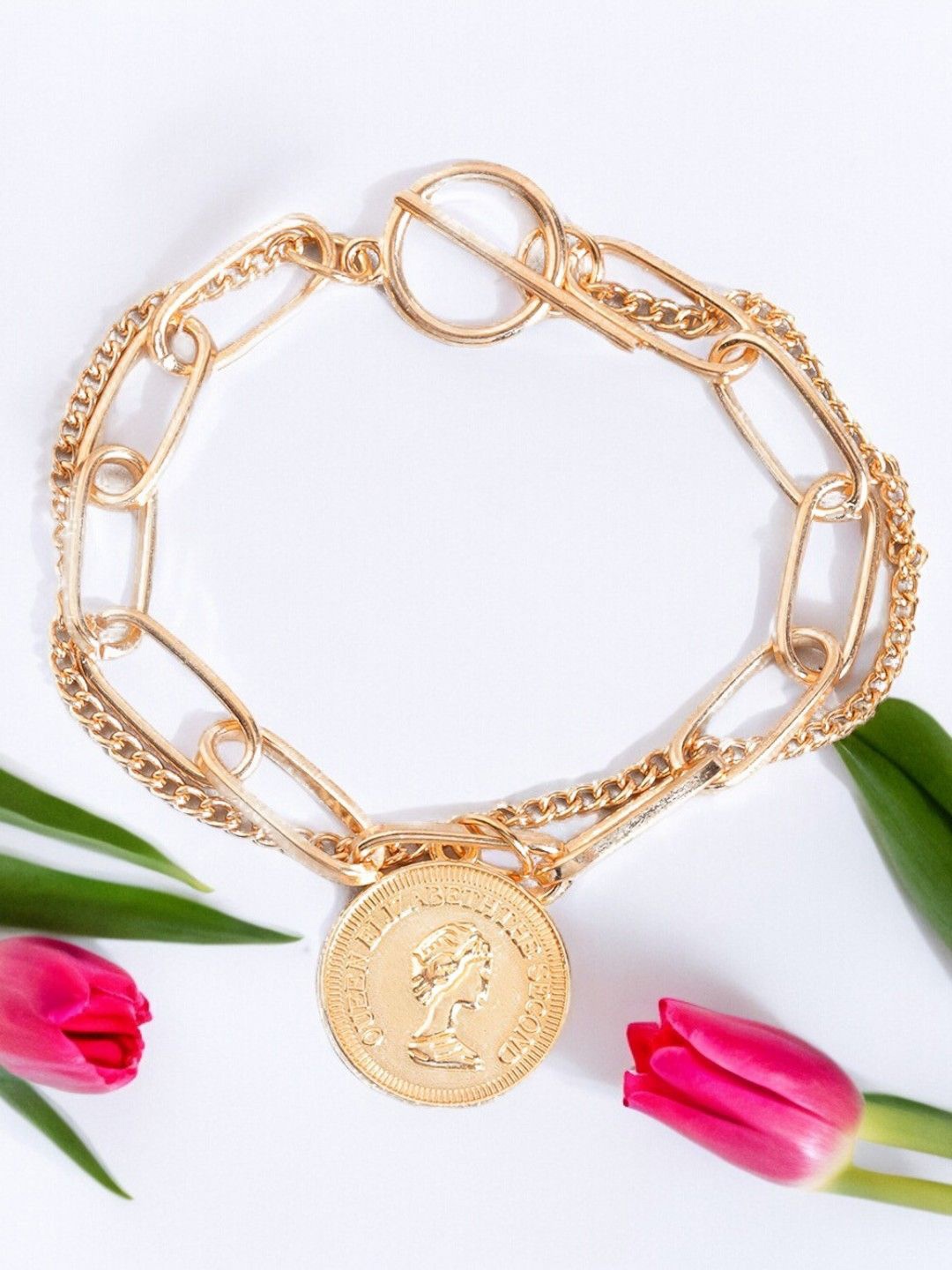 

DressBerry Gold-Toned Multi Layered Stranded Coin Medallion Link Chain Bracelet