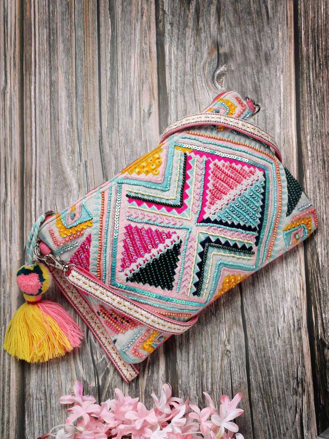 

Anekaant Boho Ethnic Cotton Jacquard Sling Bag, Pink