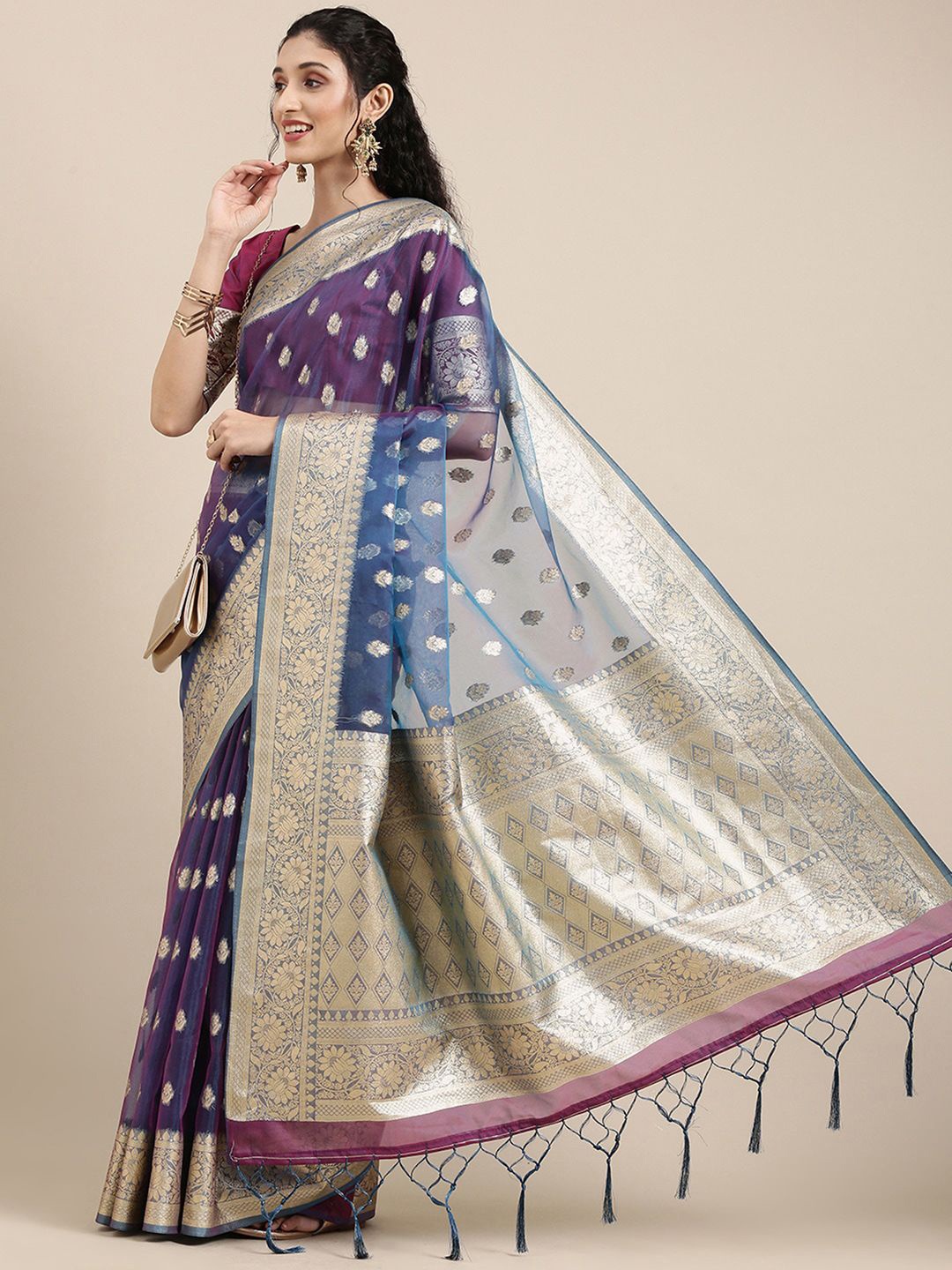 

Saree mall Ethnic Motifs Zari Organza Banarasi Sarees, Blue