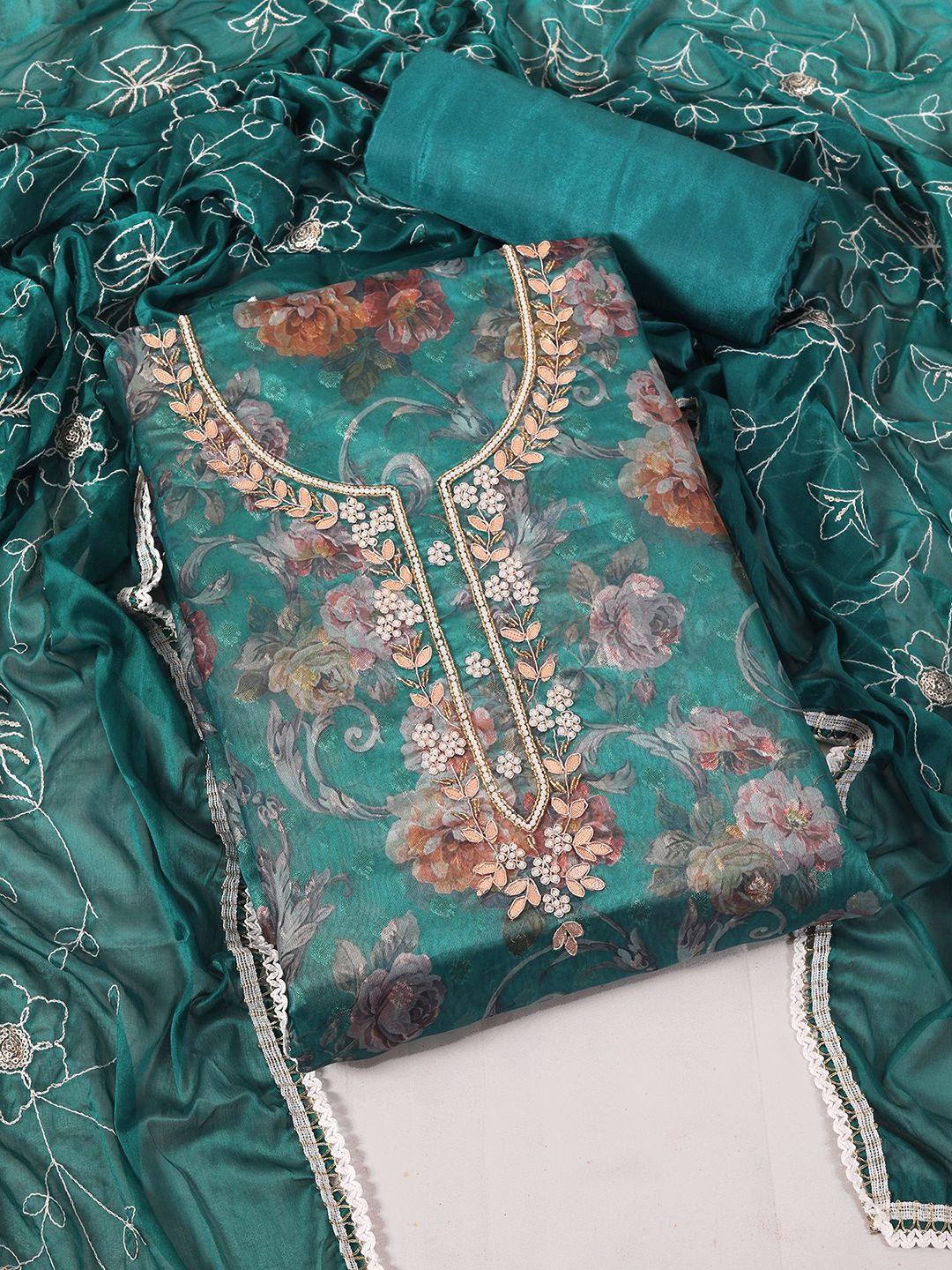 

KALINI Beads & Stones Embellished Embroidered Organza Unstitched Dress Material, Green