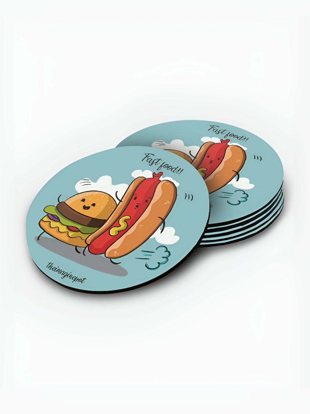 

macmerise Sea Green & Brown 6 Pieces Printed Wooden Round Coasters