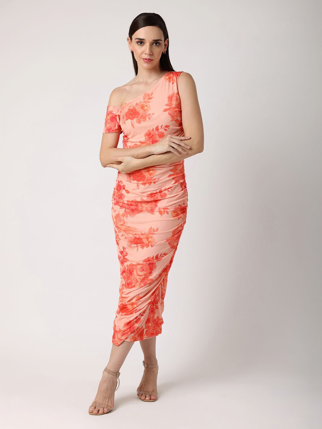 

BLANC9 Floral Print One Shoulder Sheath Midi Dress, Orange