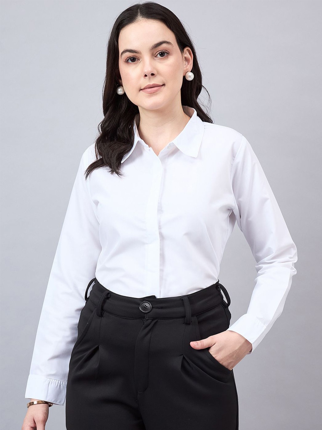 

Style Quotient Women Smart Spread Collar Solid Cotton Formal Shirt, White