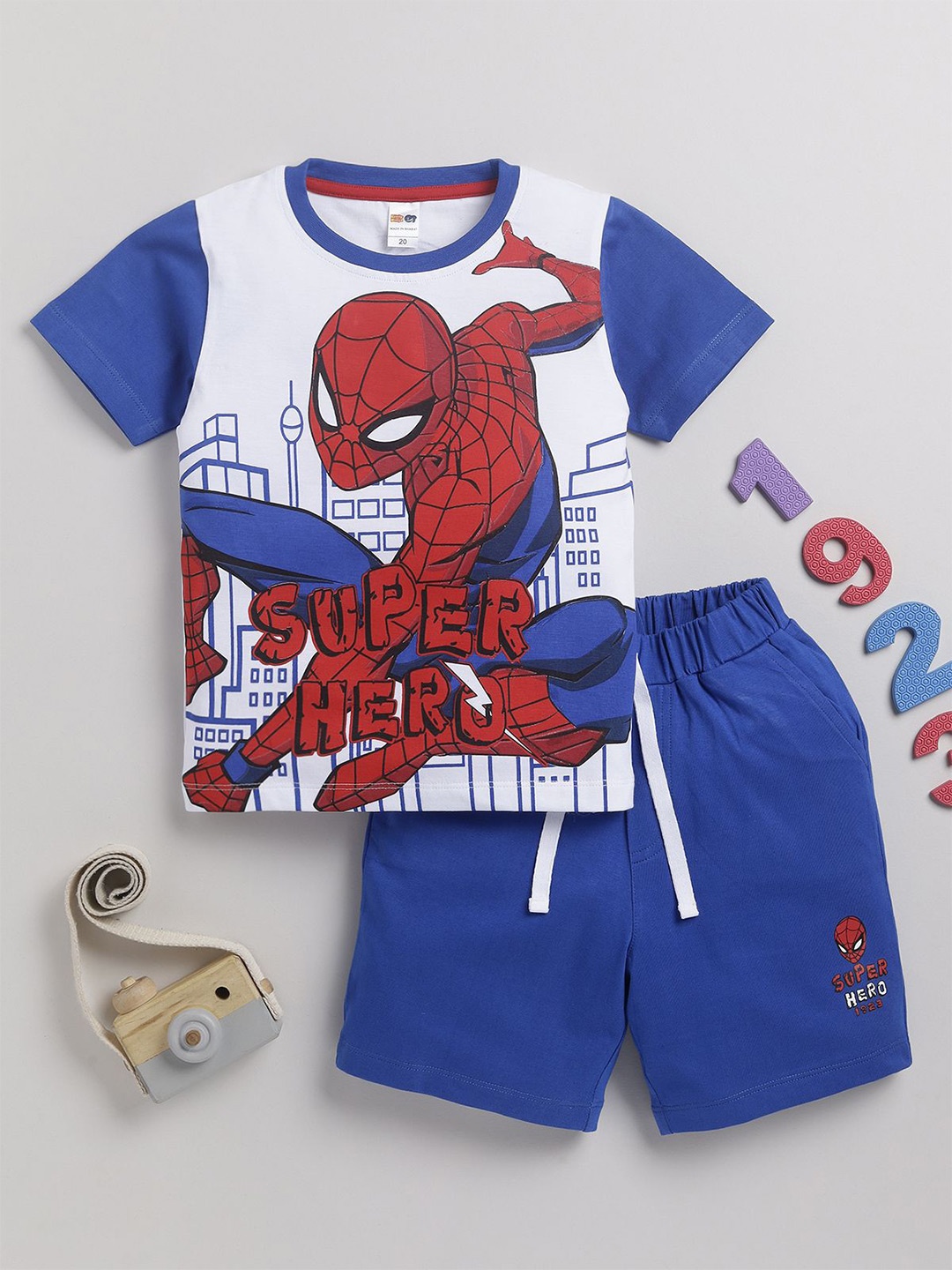 

LITTLE NINJA Boys Spider-Man Printed Pure Cotton T-shirt with Shorts, Blue