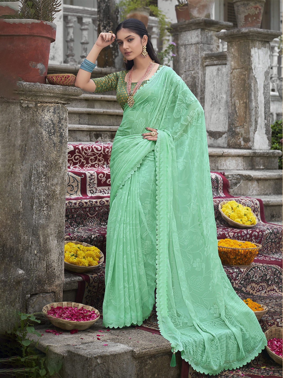 

NIRMAL CREATION Floral Pure Silk Saree, Sea green