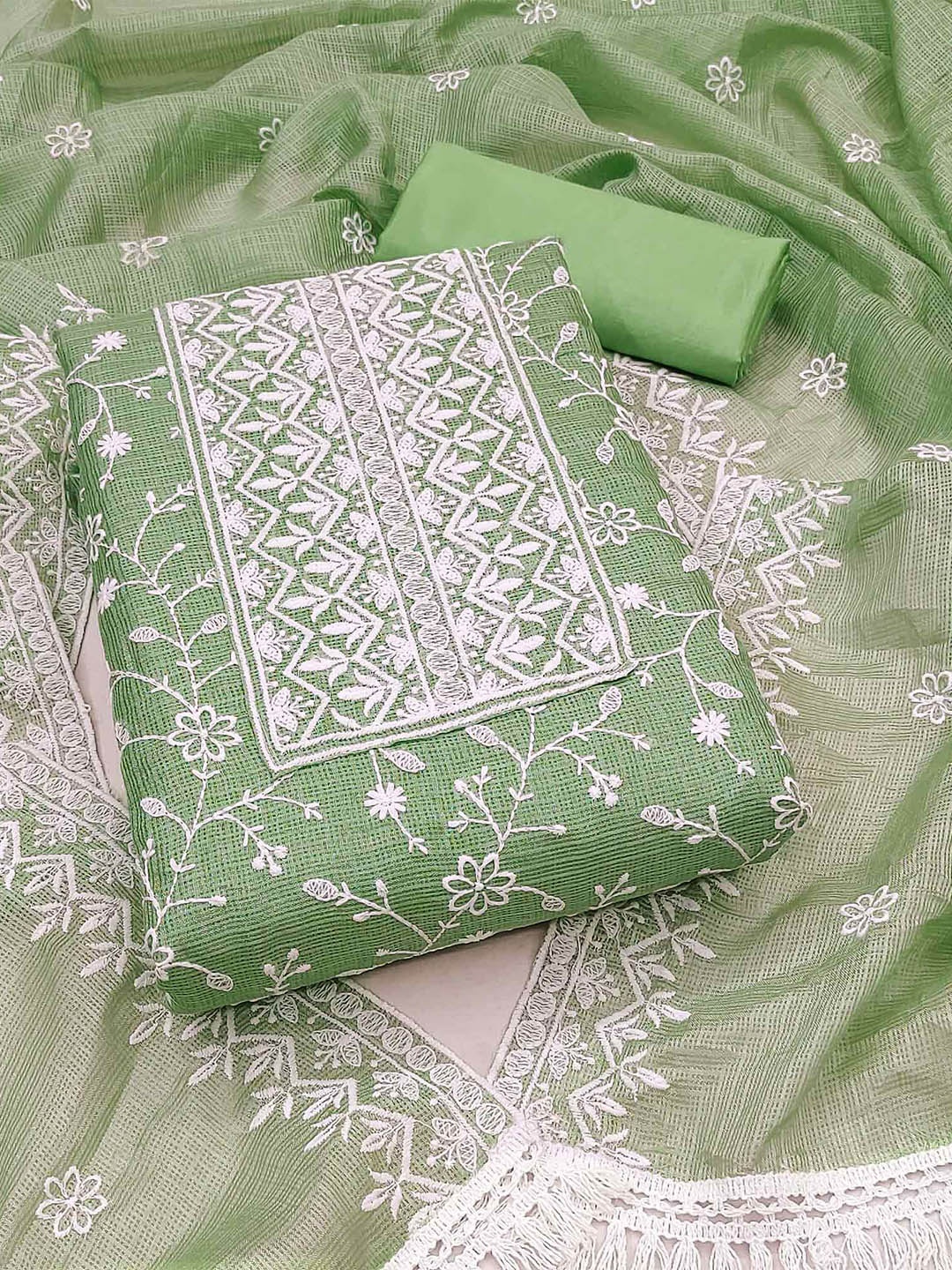

Peachmode Floral Embroidered Thread Work Unstitched Dress Material, Green