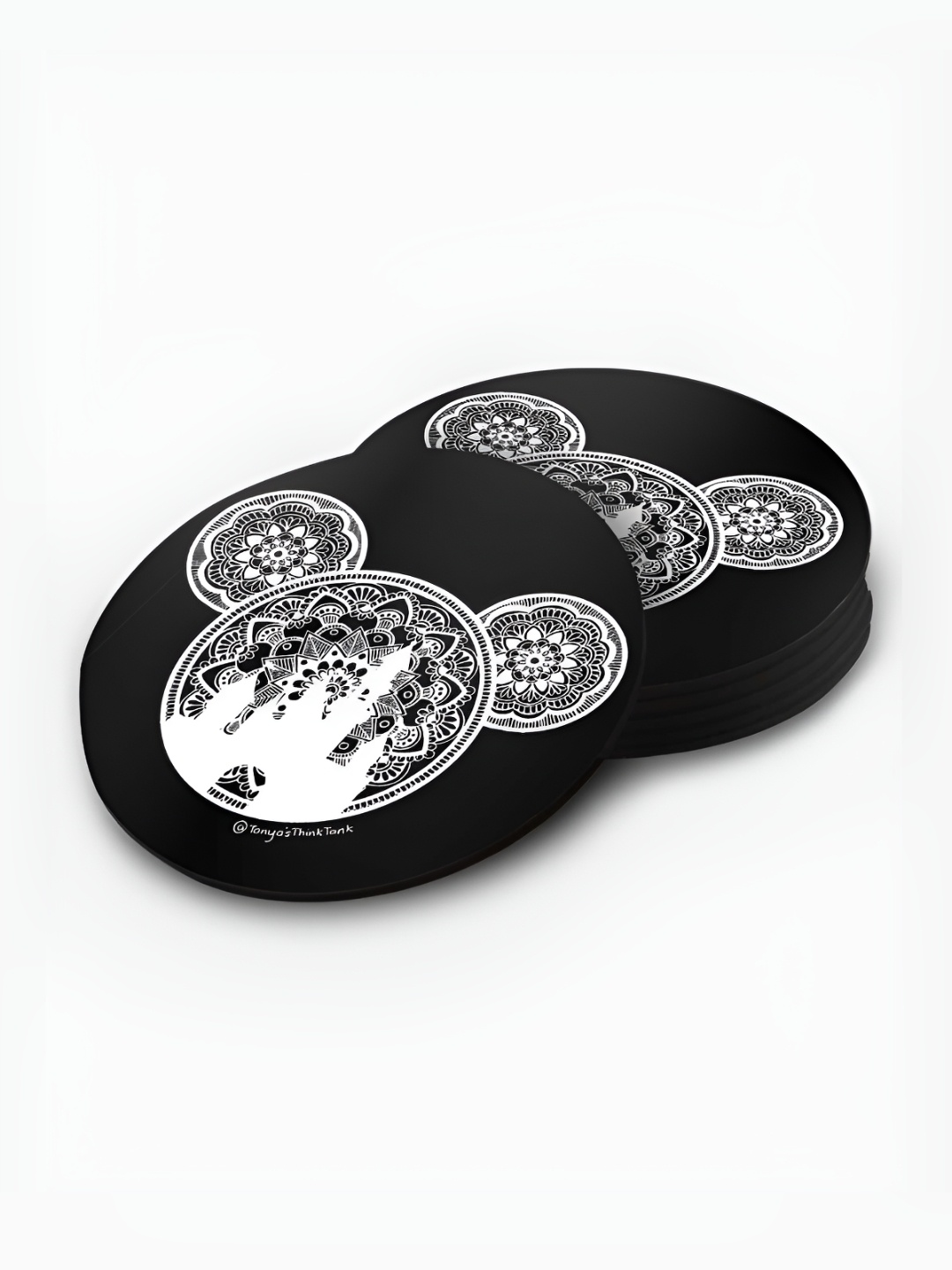 

macmerise Black & White 6 Pieces Printed Wooden Circular Coasters