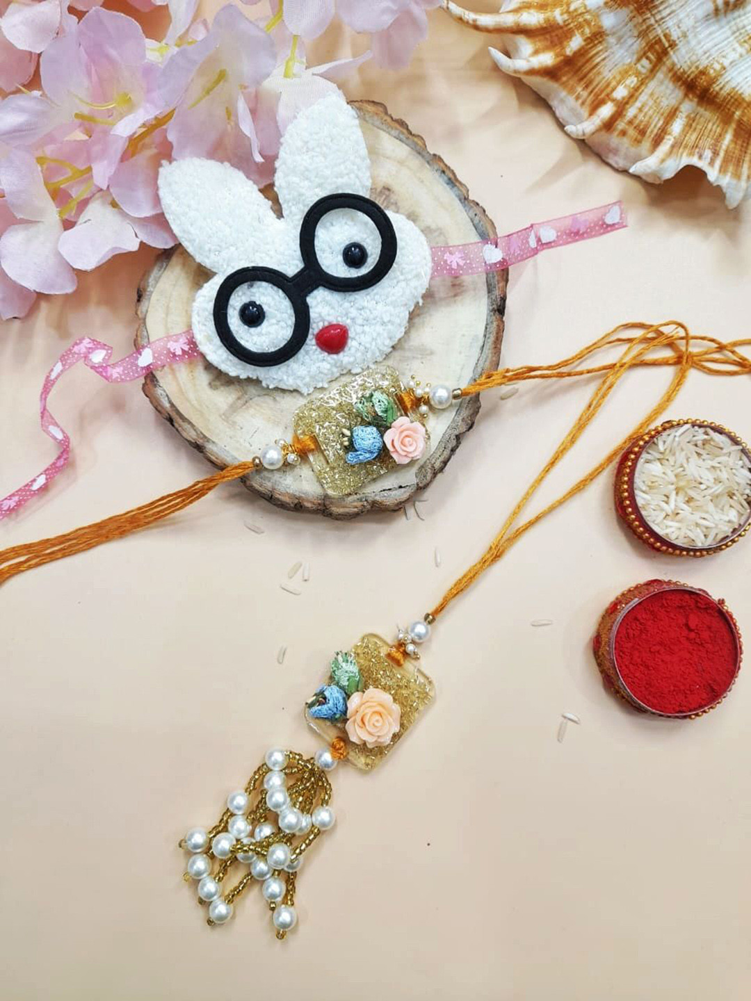 

StileAdda Set Of 3 Beaded Rakhis With Roli Chawal, Gold