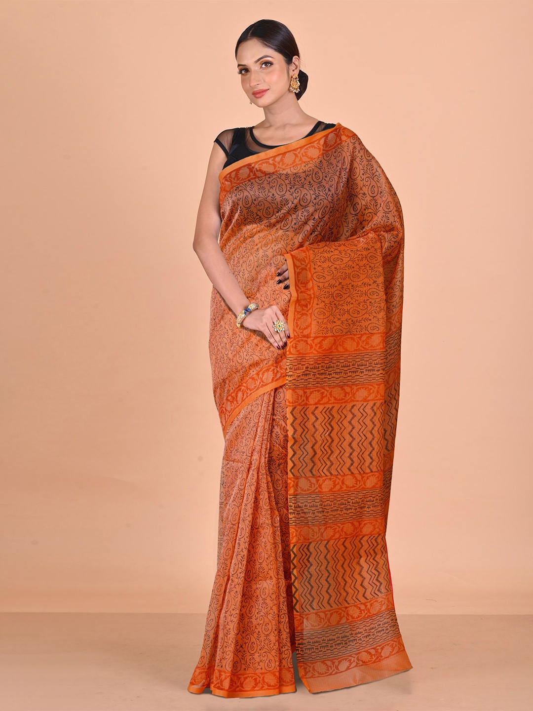 

Unnati Silks Ethnic Motifs Handloom Block Print Saree, Orange