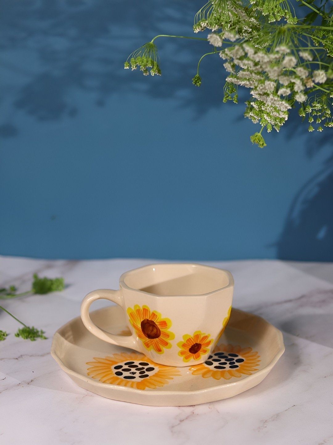 

WEAVING HOMES White & Orange 2 Pieces Printed Cup With Sunflower Plate