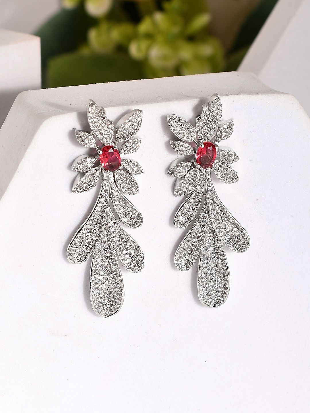 

Voylla American Diamond Rhodium-Plated Brass Floral Drop Earrings, Silver