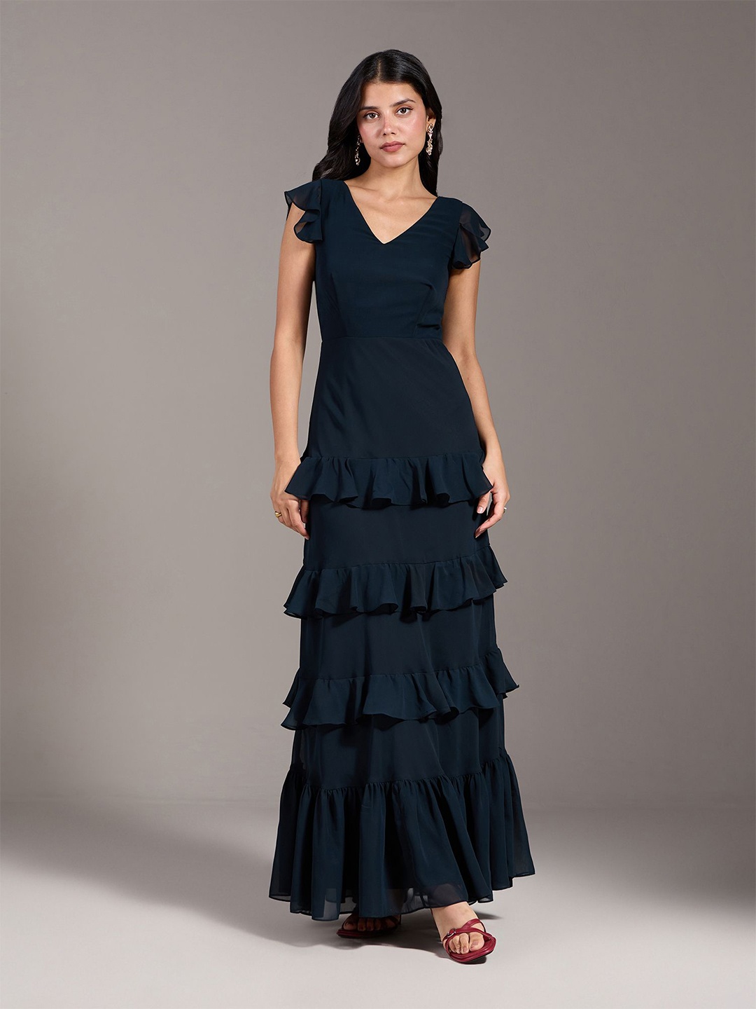 

20Dresses V Neck Flutter Sleeve Maxi Ruffles Dress, Blue