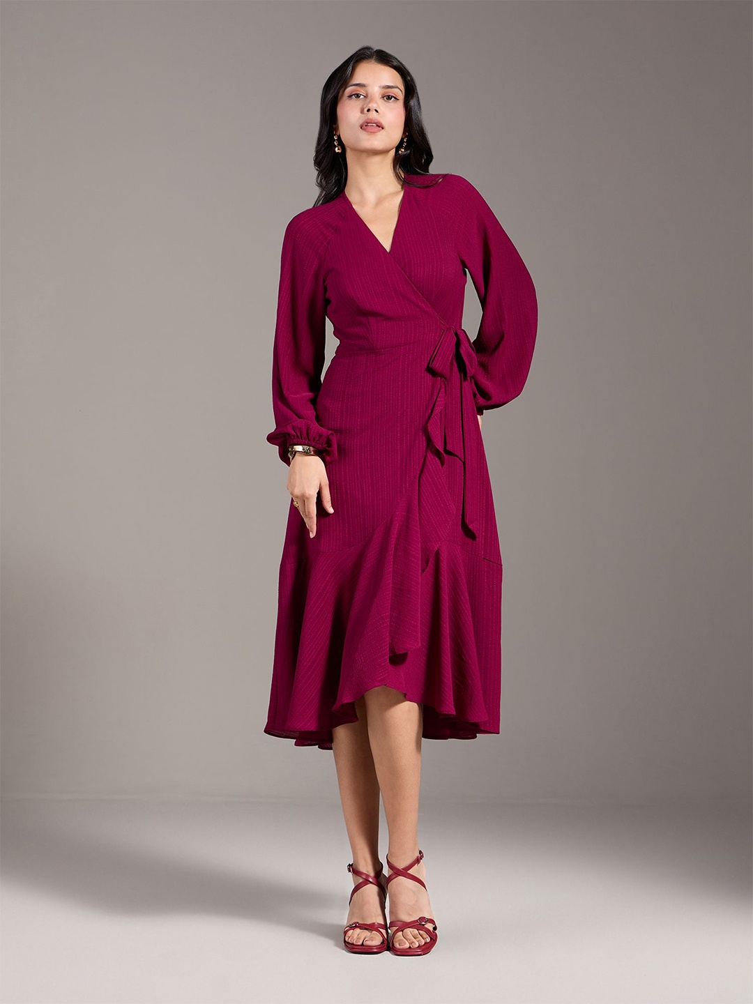 

20Dresses V Neck Bishop Sleeves Wrap Midi Dress, Fuchsia