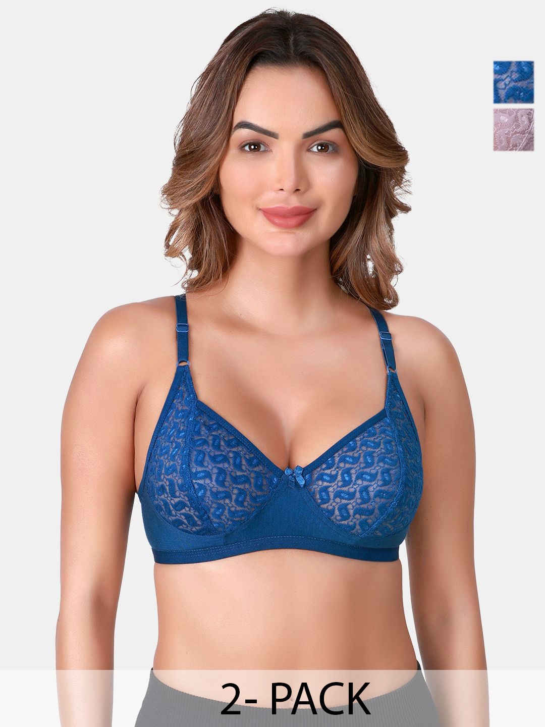 

SKDREAMS Self Design Pack Of 2 Non Padded Full Coverage Bra, Blue