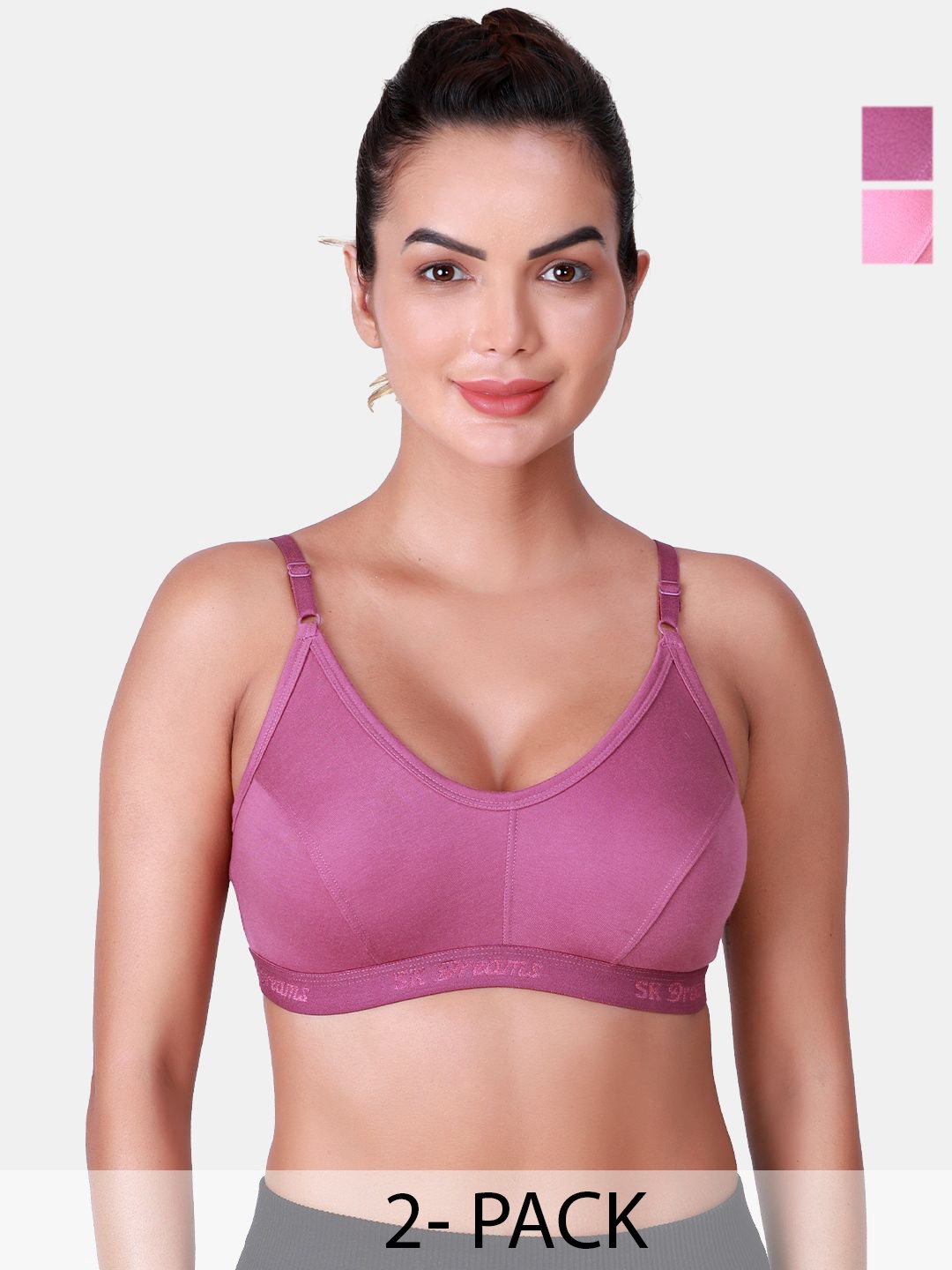 

SKDREAMS Pack Of 2 Cotton Seamed Non Padded Full Coverage Sports Bra, Purple